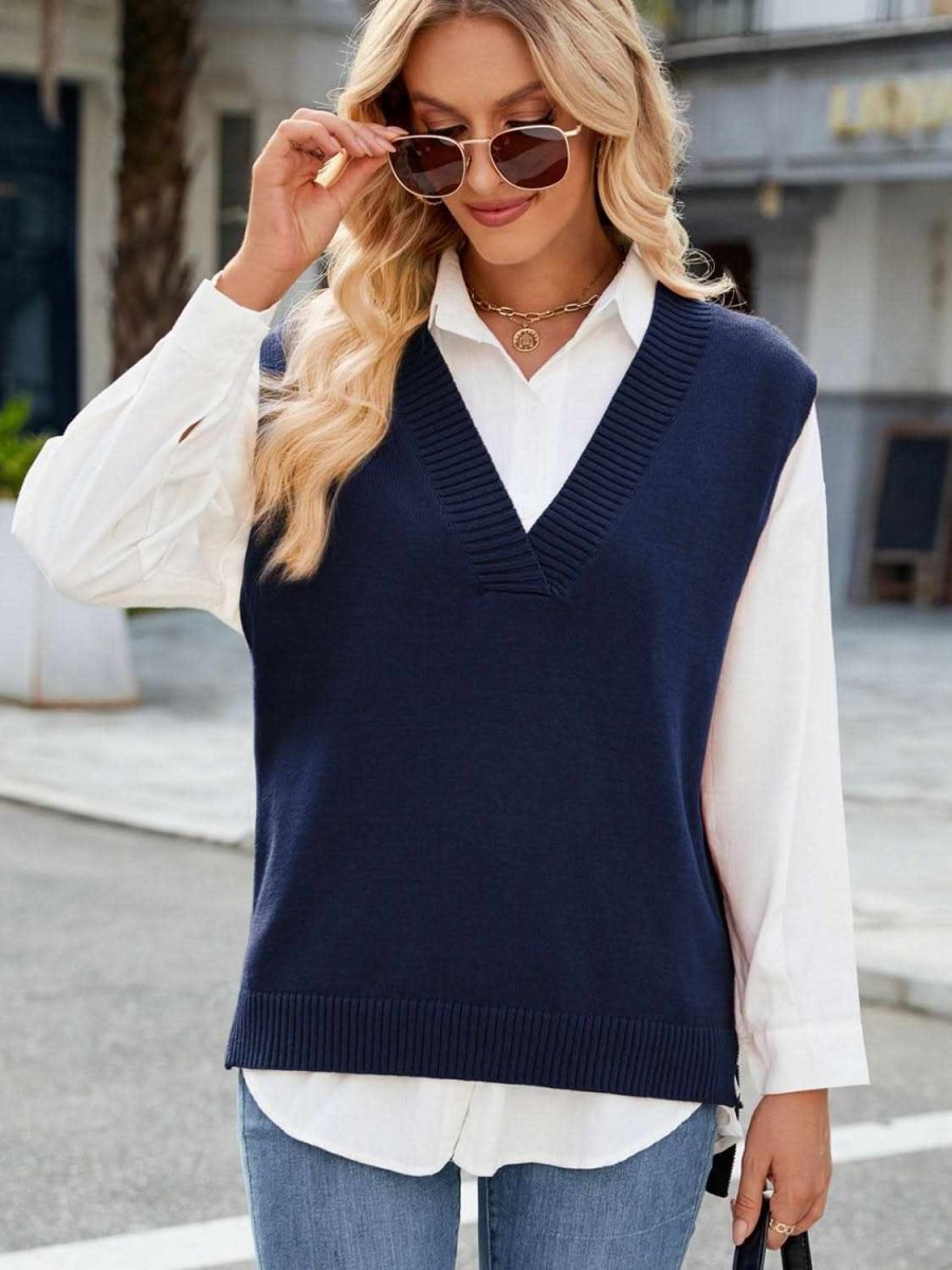 Side Slit V-Neck Sweater Vest - Love Salve